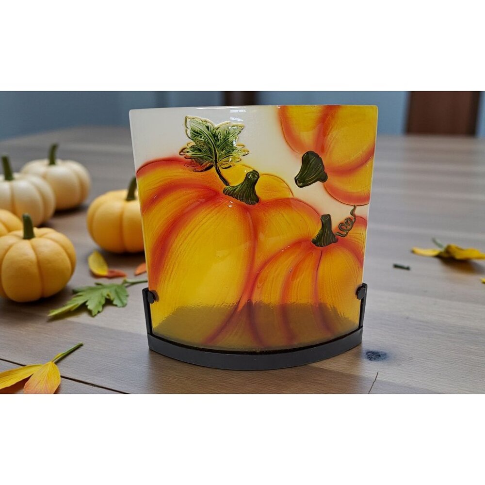 Beautiful Fall Stained Glass Pumpkin Display With Candle Holder For Candle Light